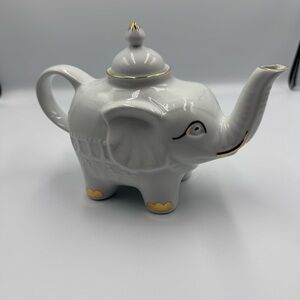 Elephant Shaped White Teapot with Gold Accents